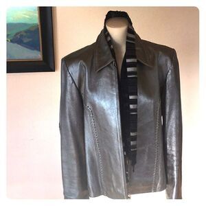 Vintage ANANGE Silver animal print lining Leather Jacket Whip Stitch pockets M